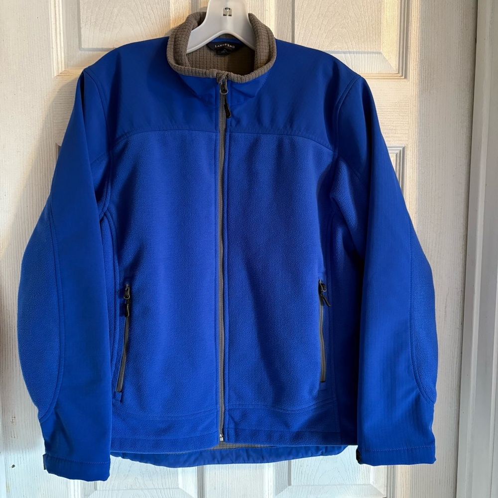 Lands End Zip Up Windbreak Jacket Womens Size Medium Blue Grey Softshell Pockets